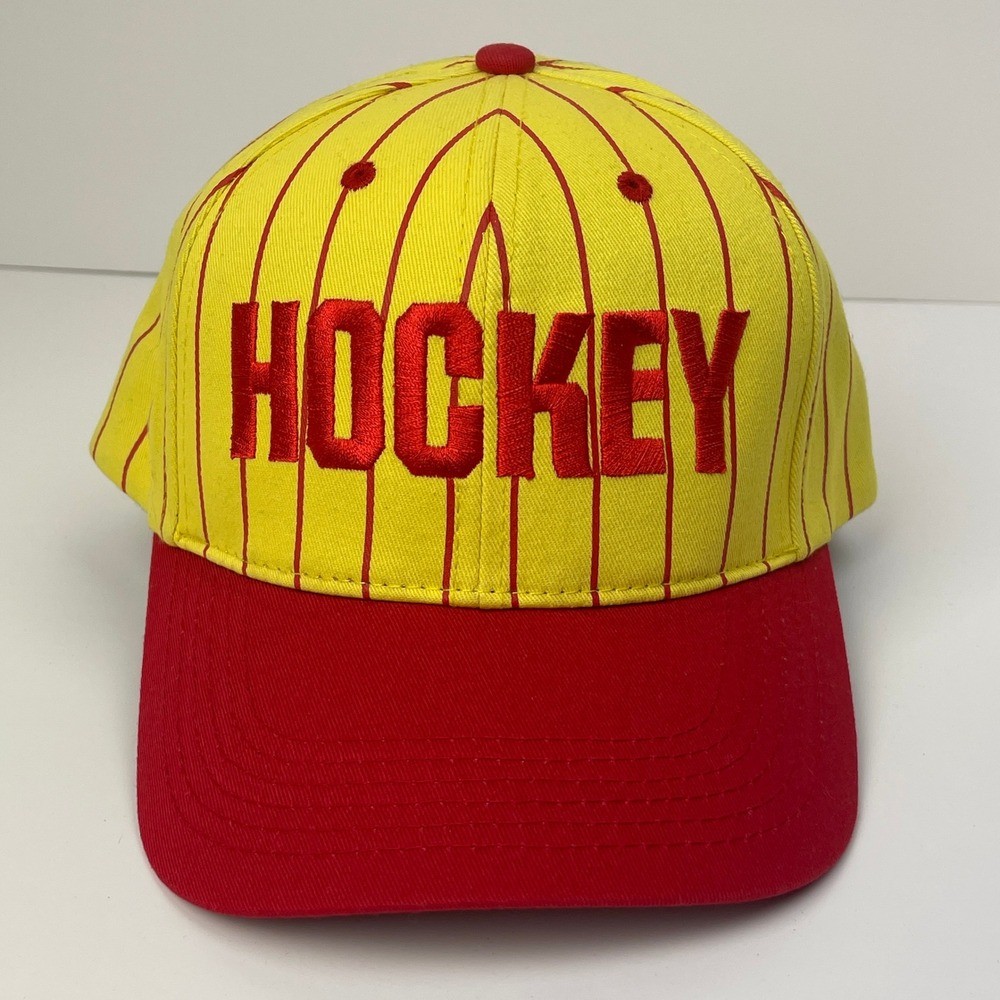Hockey Skateboards Pinstripe Hat Eyes Without A Face Snapback Cap Yellow Red FA